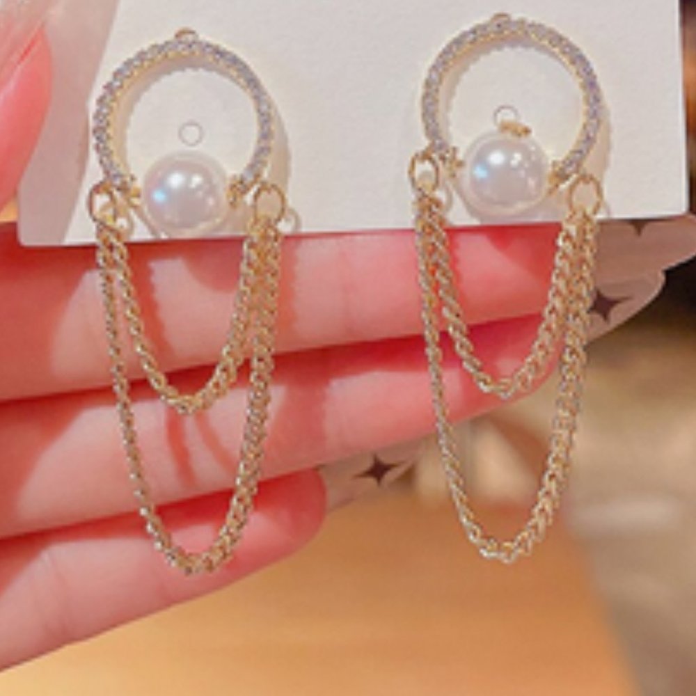 Gold Pearl Drop Chain Earrings